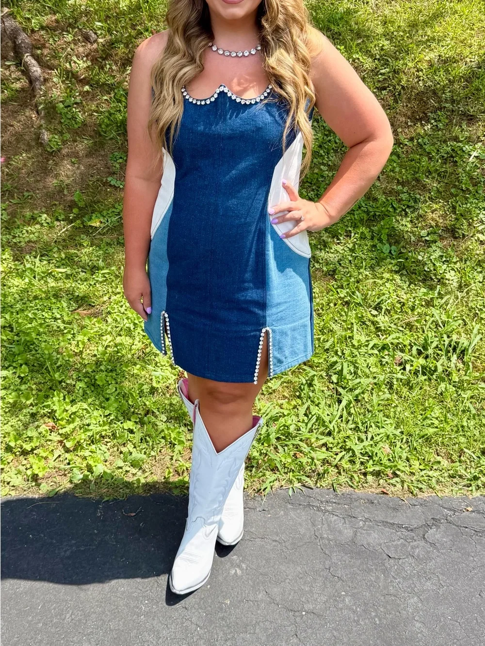 Women’s Nasty gal color block denim rhinestone dress. Size 14. Country concert